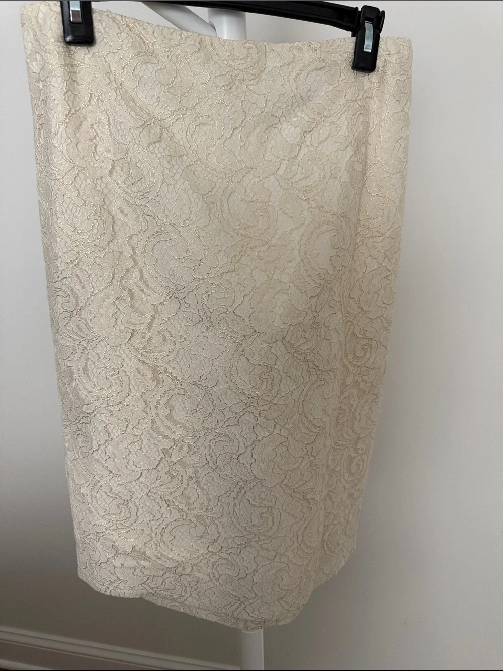 Ann Taylor Suit, cream with gold highlights. Jacket 8P, matching lace skirt, 4.